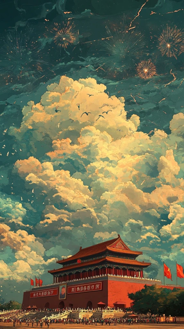 天安门上空烟花绽放的绚丽景象