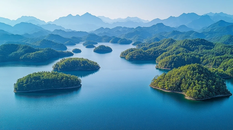 山水环绕的湖泊及岛屿的自然景观