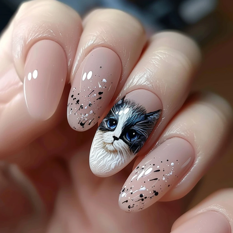 白黑蓝眼猫指甲艺术