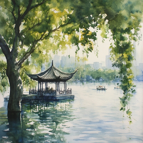 水边古亭垂柳飘拂的江南水乡景致