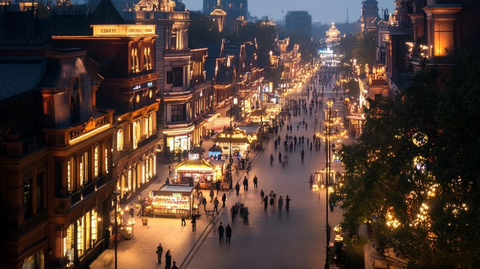 灯火辉煌的商业街夜景行人众多