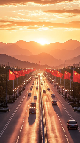 挂有国旗的公路在落日余晖下的景象