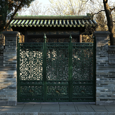 传统中式雕花铁门及屋顶建筑景观