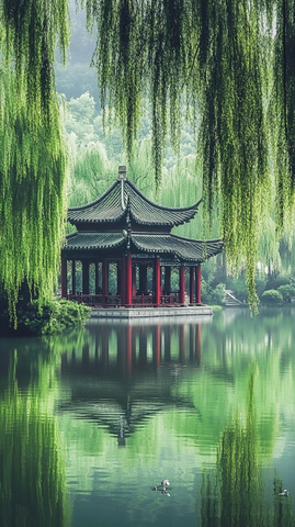 湖中有座中式亭子的自然景观