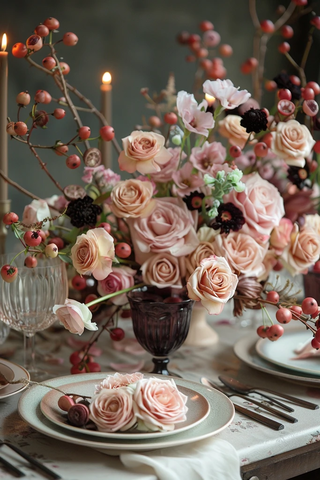 黑色与玫瑰色婚礼桌花装饰