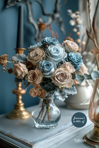 冬季婚礼桌饰蓝灰白玫瑰