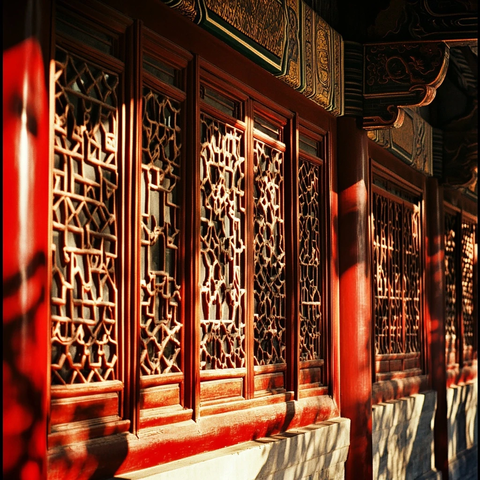 古建筑中精美绝伦的红色雕花镂空门窗