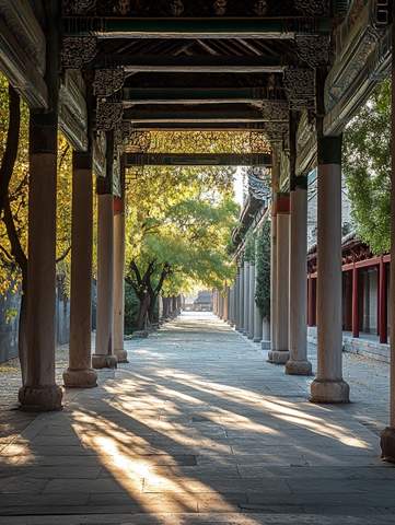 古建筑长廊阳光洒地的宁静景象