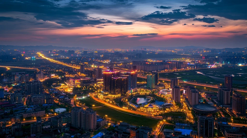 城市夜景灯火辉煌的航拍全景