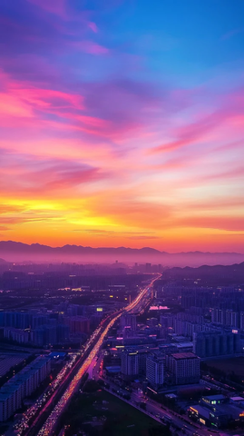 城市天际线处的绚烂多彩晚霞全景