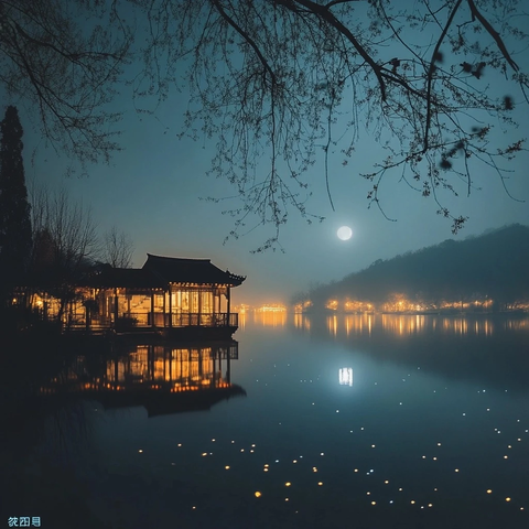 月光下的湖边古亭夜景