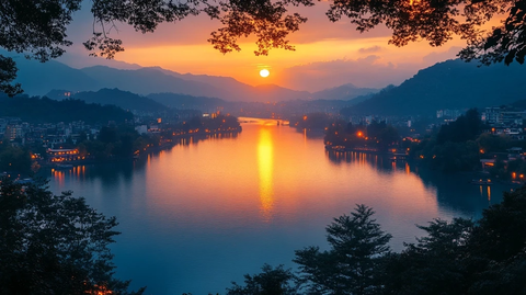 夕阳下的山水间河流城镇全景风光