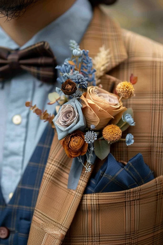 棕色西装蓝色衬衫领结装饰