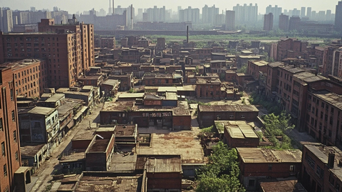 俯瞰城市中老旧建筑与高楼大厦的对比