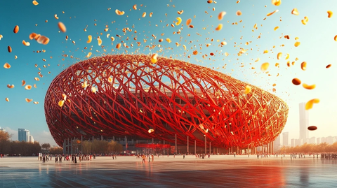 造型独特的红色建筑与人群的户外景象