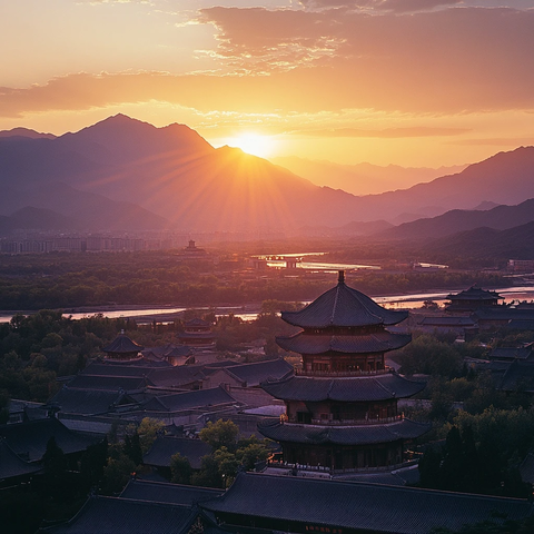 古建筑群在日光下的美丽远景