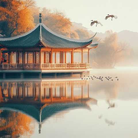 水上中式亭子与飞鸟构成的唯美画面