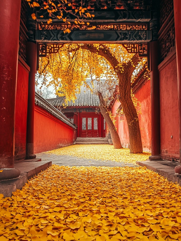 红墙建筑中银杏落叶铺就的静谧小道