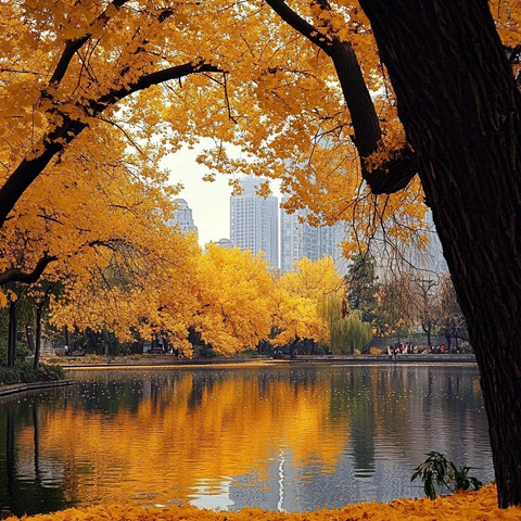 湖畔秋景映城市风光