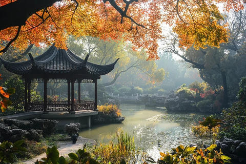 中式凉亭秋景图朦胧诗意的自然园林风光