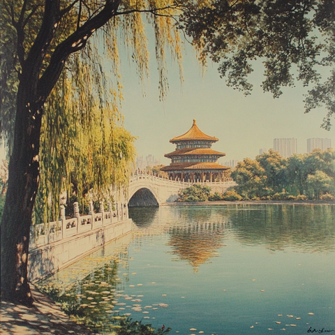 中式亭桥景观与湖水垂柳相映成趣