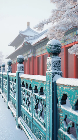 古建筑围栏被雪覆盖的唯美冬日景象