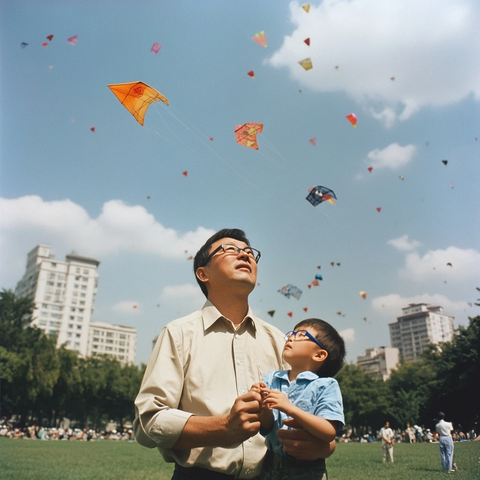 户外草坪上大人带小孩放风筝的温馨场景