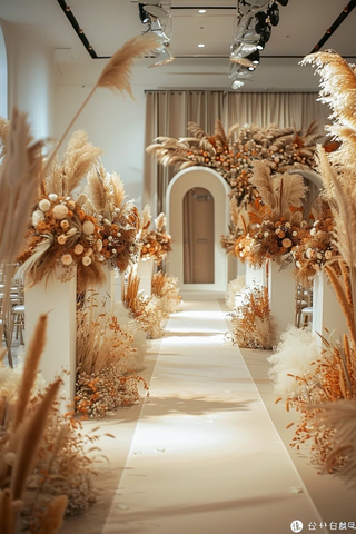 白色长毯引导至装饰花坛