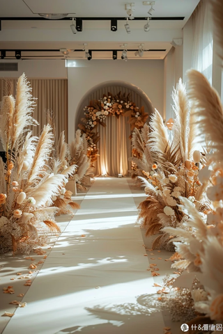 白色长毯引导至装饰花坛