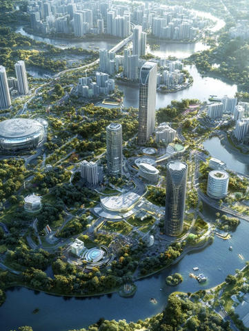 现代化都市景观与水域交织的城市鸟瞰图