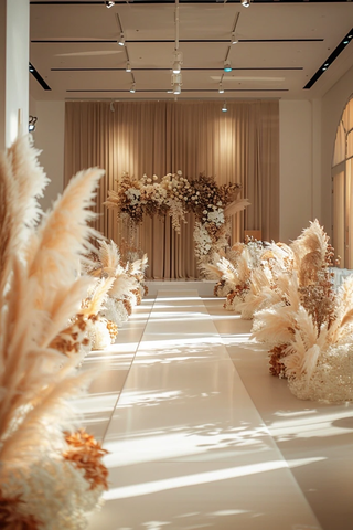 白色长毯引导至装饰花坛