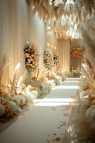 白色地毯通往装饰花坛的婚礼现场