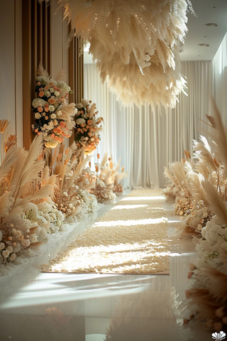 白色地毯与帕梅花装饰的婚礼仪式