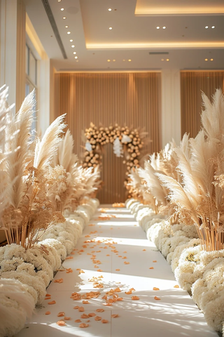 白色长毯通向装饰花坛