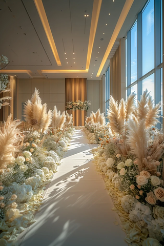 白色地毯与帕玛花装饰的婚礼仪式