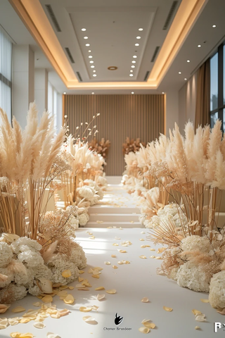 白色地毯与帕玛花装饰的婚礼仪式