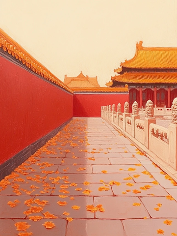 红墙黄瓦古建筑下铺满落叶的石板路