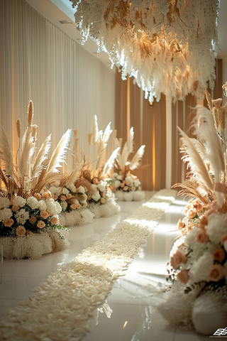 白色地毯与帕玛花装饰的婚礼仪式