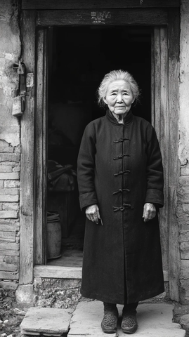 老妇人站在老旧房屋门前的人像画面