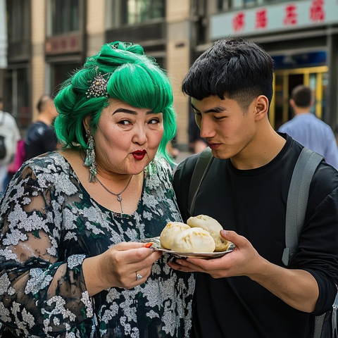 街上绿发女士和男士一起看盘中包子