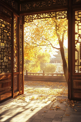 古色古香的中式建筑框住秋景