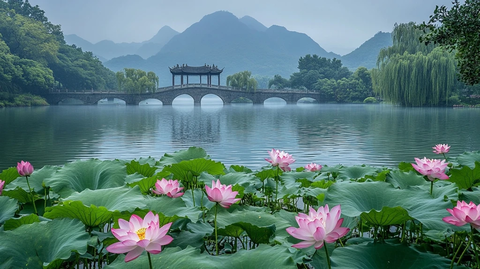 湖面上有桥和荷花的自然风景