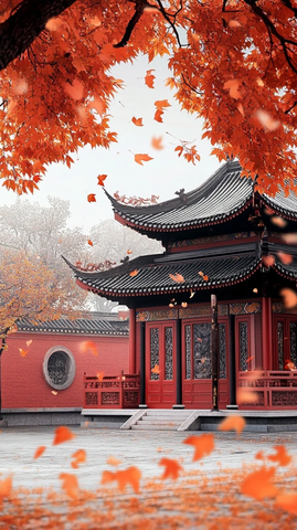 古色古香中式建筑前飘落红叶的景致