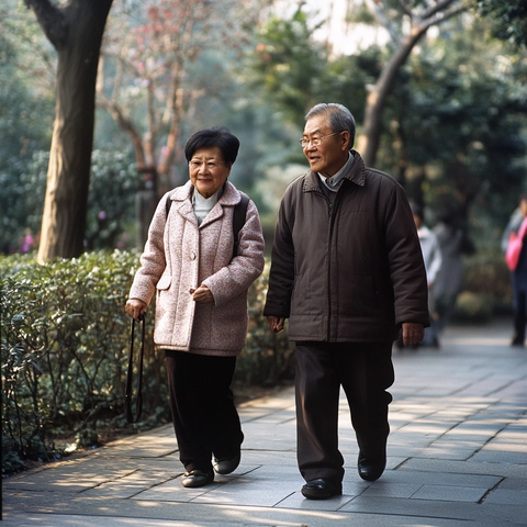 老年夫妻在公园牵手散步