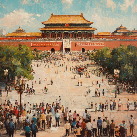 天安门广场人群聚集的热闹景象