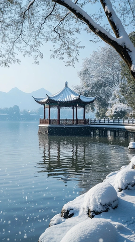 水上雪亭的宁静冬日景致