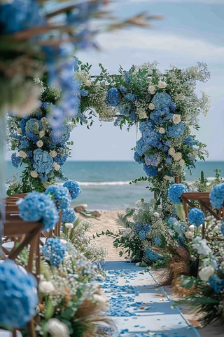 海滩婚礼装饰与蓝色白色绣球花