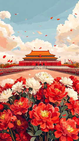天安门广场前盛开的红牡丹花海