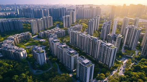 城市中绿树环绕的高层住宅小区全景