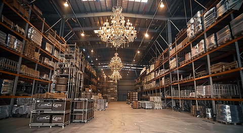 仓库金属框架箱与吊灯